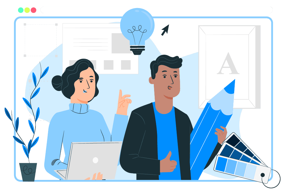 Illustration of two people with a computer and design tools, symbolizing collaboration and creativity.