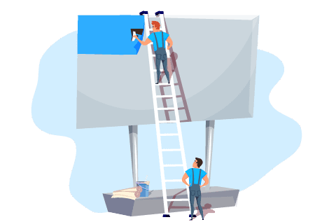 Illustration of two people painting a large billboard using a ladder and paint bucket.